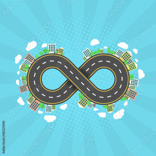 Creative infinity road. An endless journey through the world. The carriageway. Halftone effect with rays. Cities and settlements. Trees and plants
