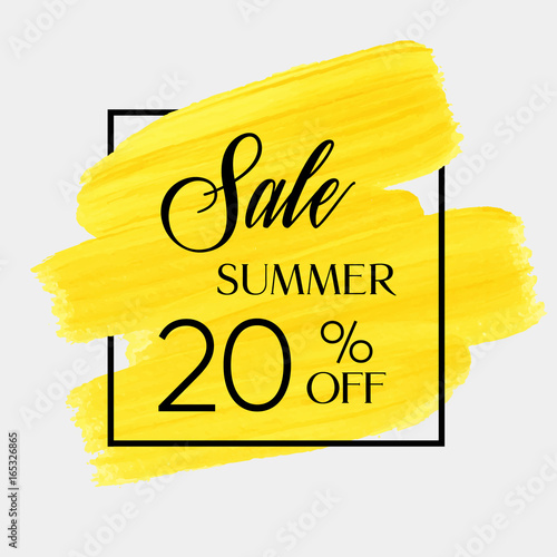 Season summer sale 20% off sign over grunge brush art paint abstract texture background design acrylic stroke poster vector illustration. Perfect watercolor design for sale shop and sale banners.