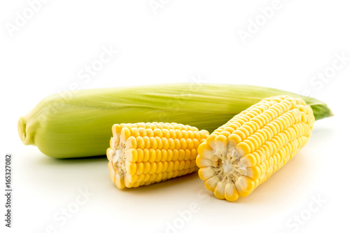 Ripe corn on, isolated. Closeup
