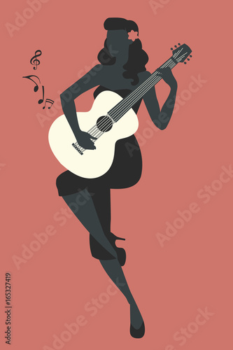 Silhouette of beautiful pin-up girl playing guitar. Vector Illustration