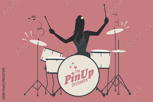 Silhouette of beautiful pin-up girl playing battery. Vector Illustration