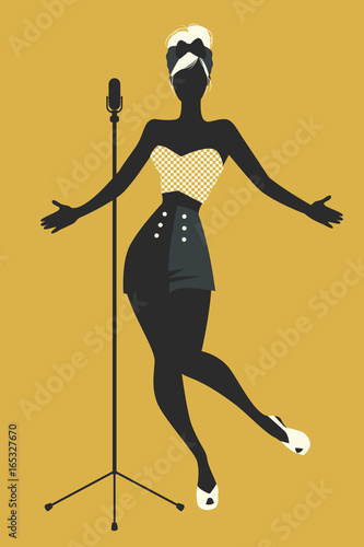 Silhouette of beautiful pin-up girl singing. Vector Illustration