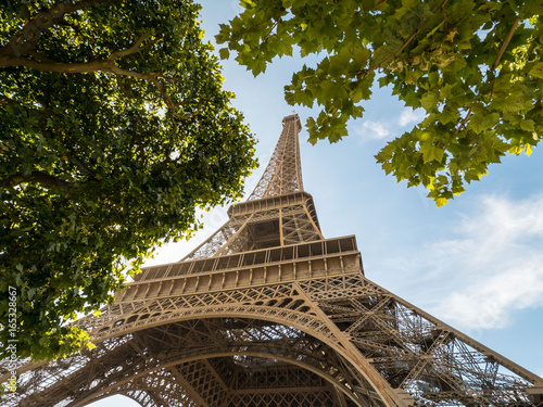 The Eiffel tower in Paris on a background of blue sky and tree, big plane.