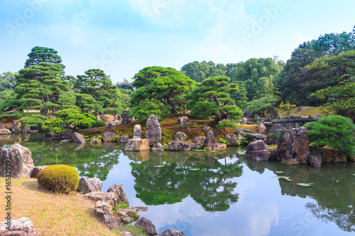 Ninomaru garden, a traditional Japanese Zen garden in summer season with Bonsai trees, stones, pond and rock bridge