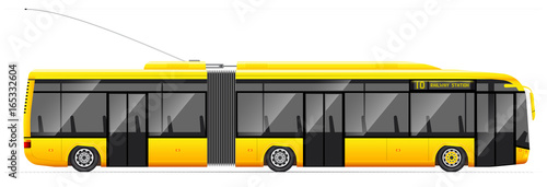 Large articulated trolleybus. Yellow with modern design. Side view. Translucent windows. Contact network and road.