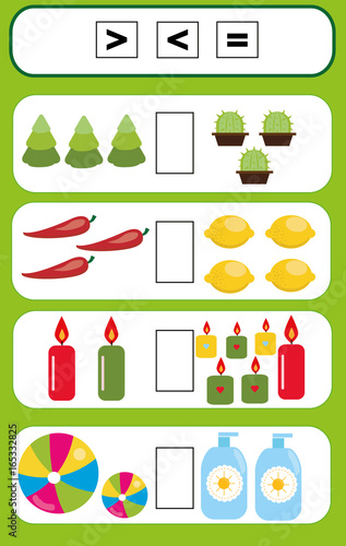 Math educational game for children. Complete the mathematical equation task, choose more, less or equal