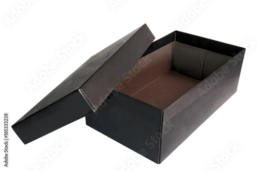 Isolated empty black shoe box with lid askew.