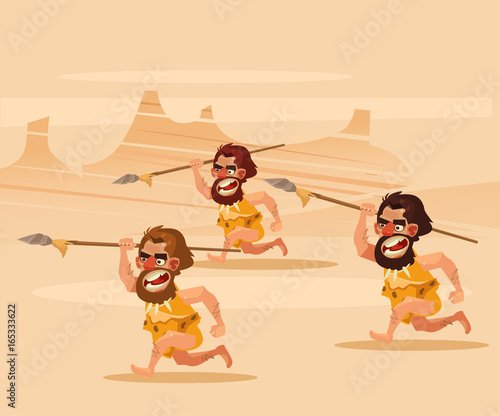 Angry hungry primitive cavemen character chasing running hunting. Vector flat cartoon illustration