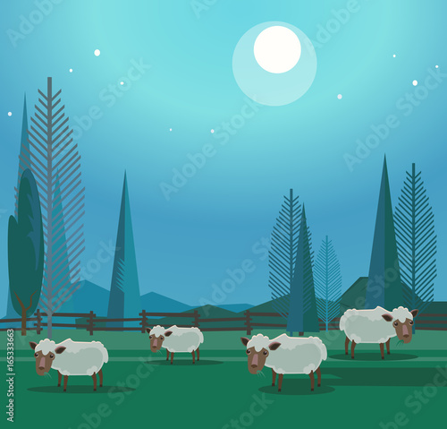 Herd of happy smiling sheep grazing in meadow. Vector flat cartoon illustration