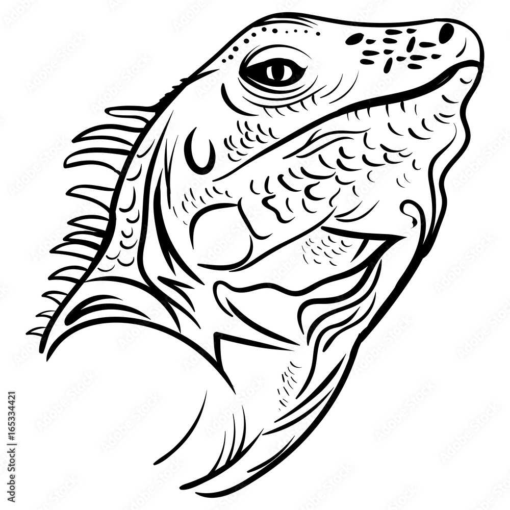 Naklejka premium head iguana profile, sketch vector tattoo