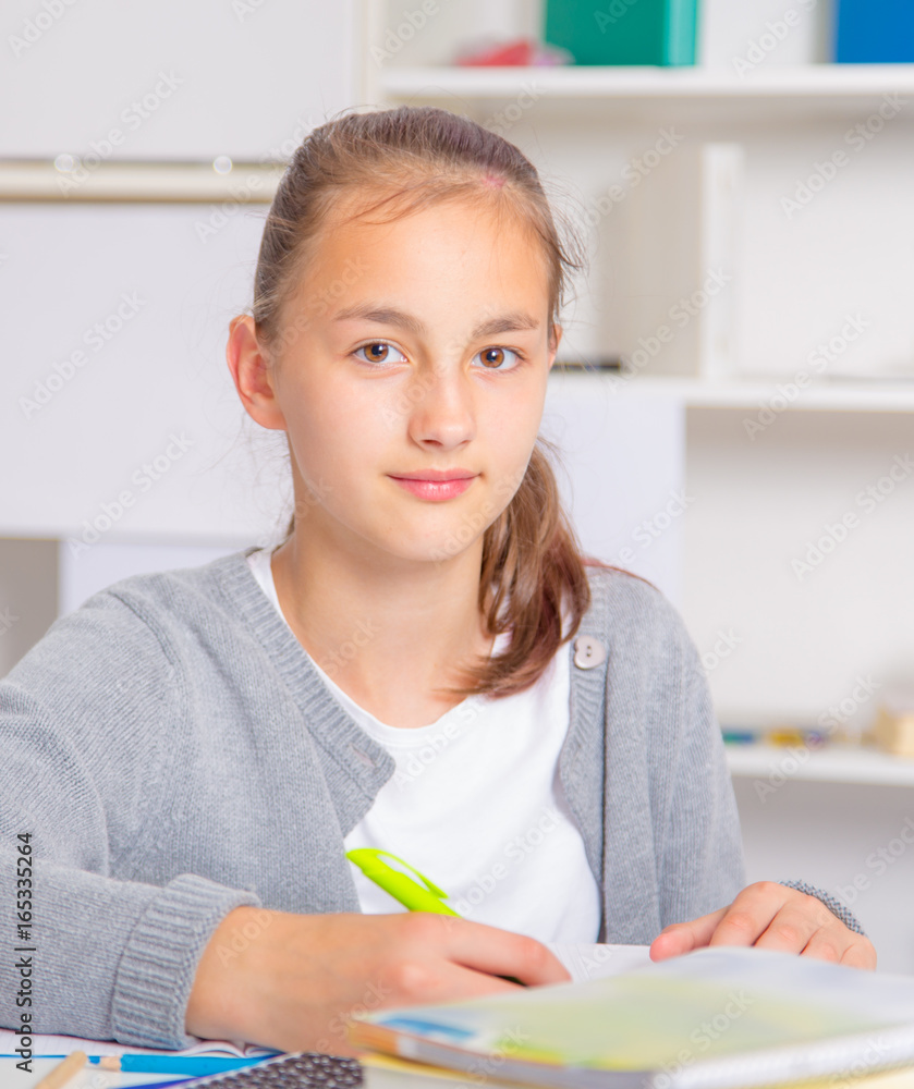 Teenage girl preparing for exams. Teenage girl doing homework for school. Teenage girl preparing for exams. Teenage girl doing homework for school.
