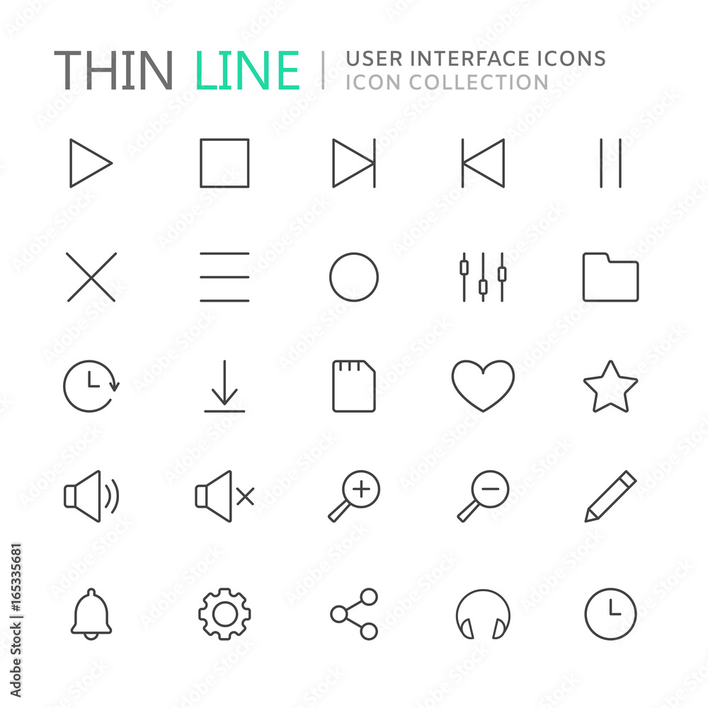Collection of user interface thin line icons