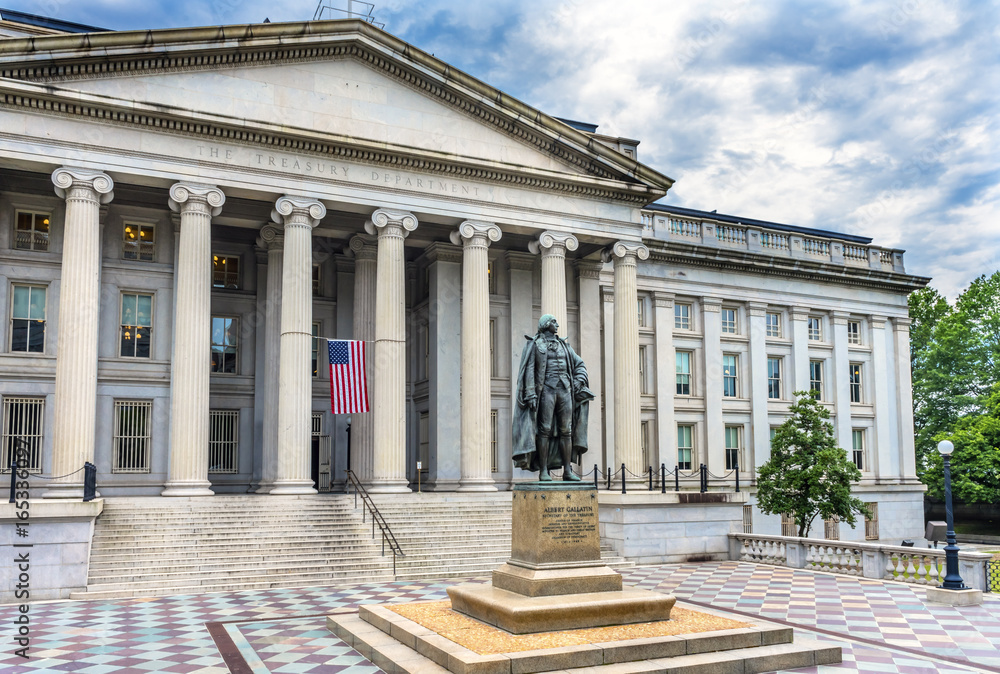Albert Gallatin Statue US Flag US Treasury Department Washington DC