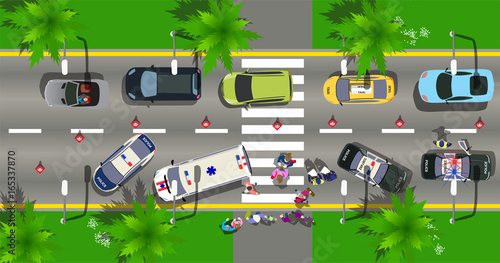 Top view road incident city street with ambulance and police