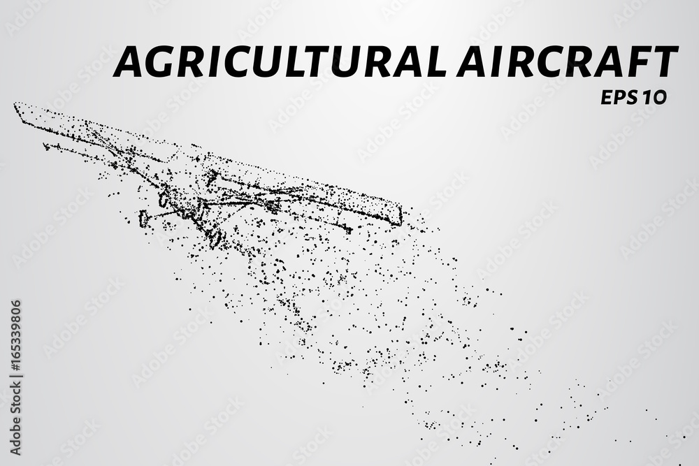 The plane of the particles. Agricultural aircraft takes off. The plane disintegrates to smaller molecules. Vector illustration