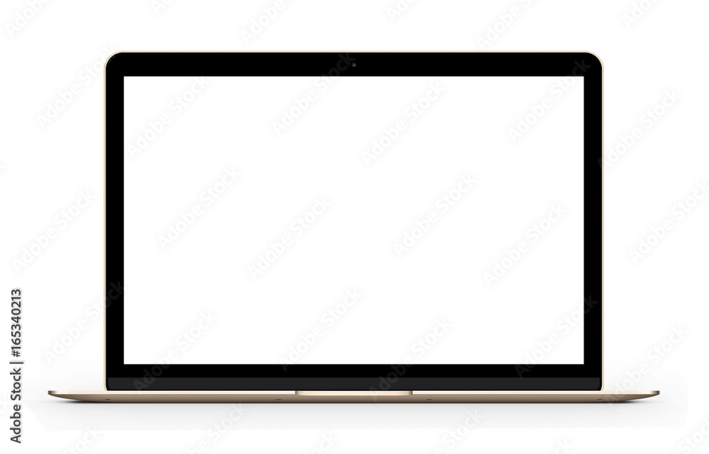 Gold laptop with blank computer screen. Front view Mock up. 3d illustration