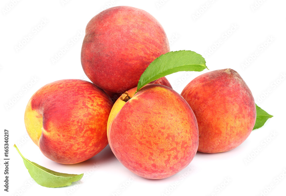 Peach. Fruit with green leaf isolated on white background Peach. Fruit with green leaf isolated on white background