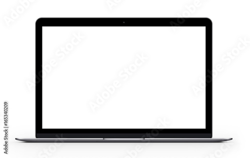 Silver laptop with blank computer screen. Front view Mock up. 3d illustration