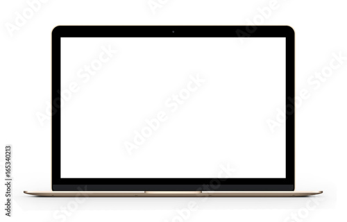 Gold laptop with blank computer screen. Front view Mock up. 3d illustration