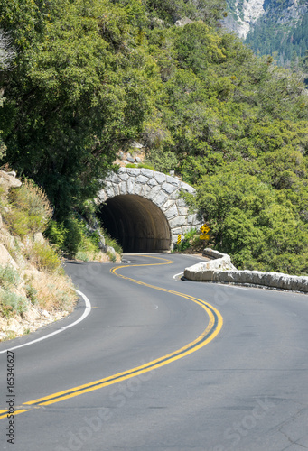 Road and underground tunnel. Car trip in the Yosemite National Park