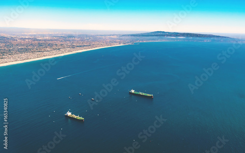 Aerial view of ships of the coast of Los Angeles, CA