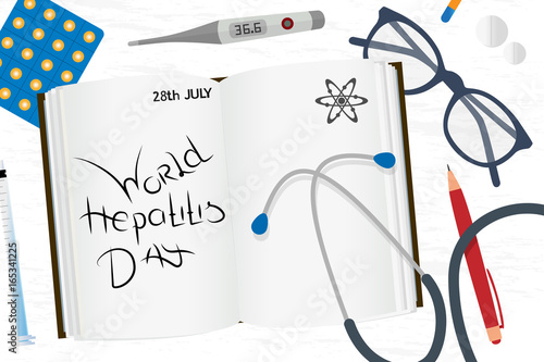 Notebook with the inscription World Hepatitis Day and medical supplies