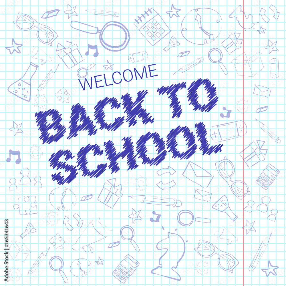 Back To School Doodle Label Hand Drawn On Squared Notebook Paper Background Vector Illustration Back To School Doodle Label Hand Drawn On Squared Notebook Paper Background Vector Illustration