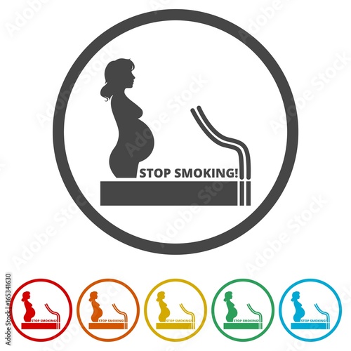 Stop smoking, poster pregnant woman silhouette icons set