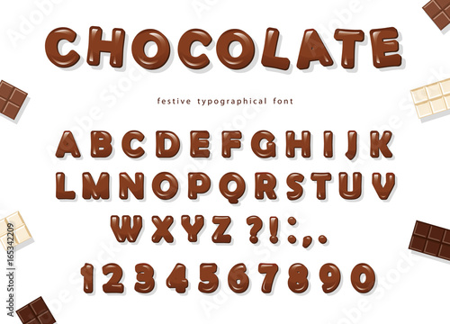Chocolate font design. Sweet glossy ABC letters and numbers.