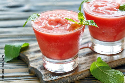 Smoothie of watermelon and banana in a glass.