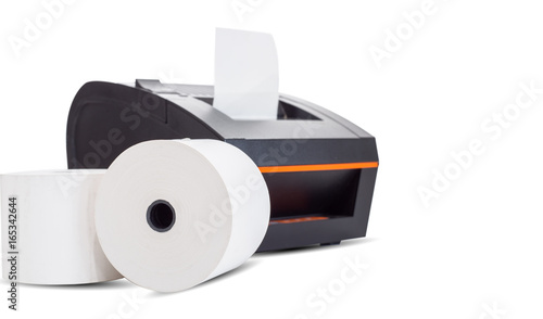 Office equipment, A point of sale receipt printer printing a receipt on white background photo