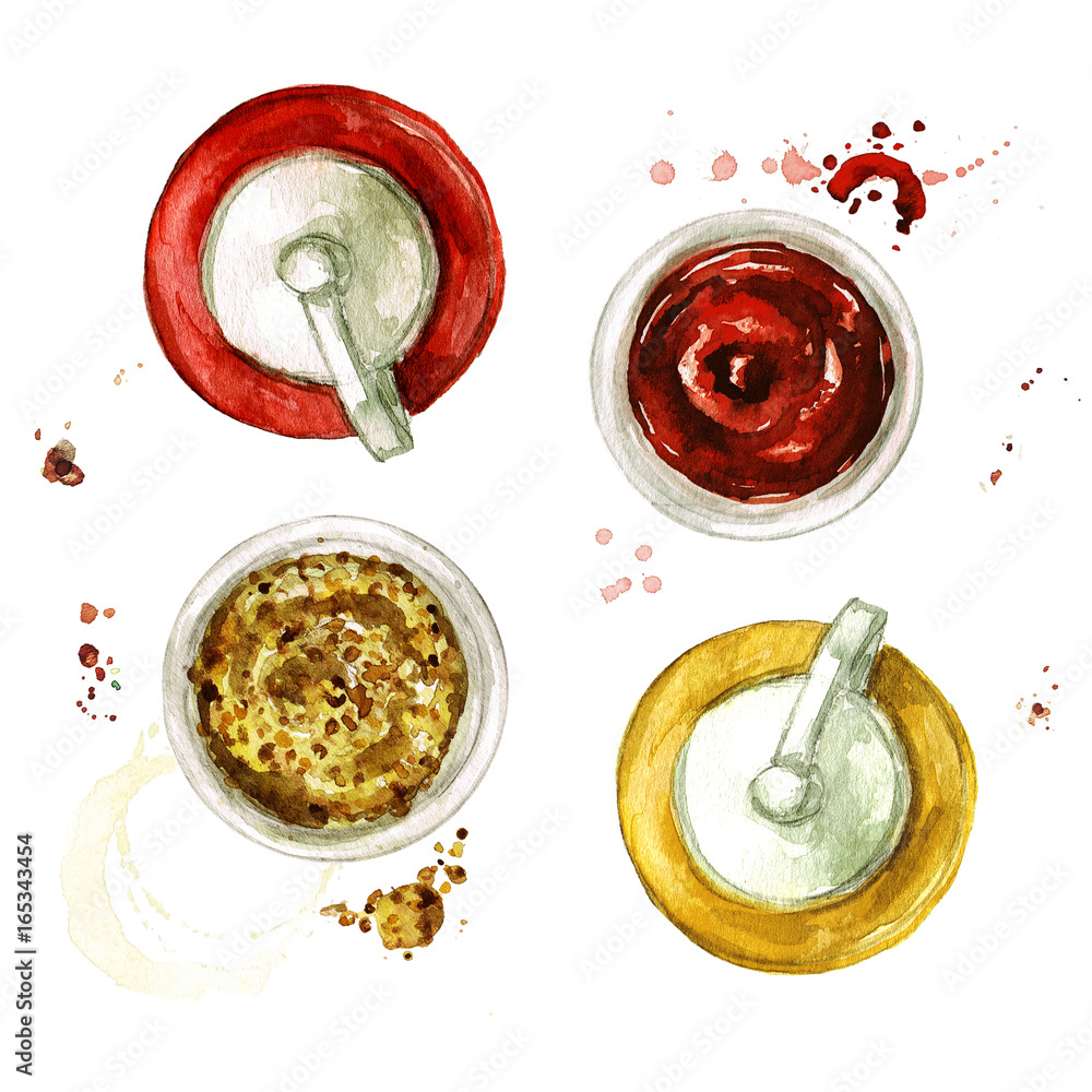 Ketchup and mustard. Watercolor Illustration. Ketchup and mustard. Watercolor Illustration.