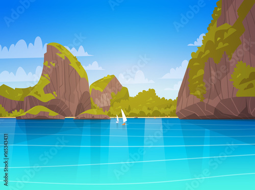 Sea Landscape Beautiful Asian Beach With Mountain Coast Seaside View Summer Seascape Flat Vector Illustration