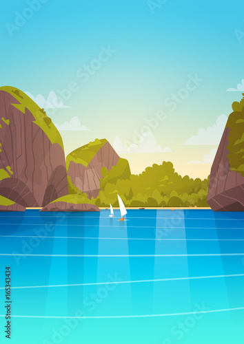 Sea Landscape Beautiful Asian Beach With Mountain Coast Seaside View Summer Seascape Flat Vector Illustration