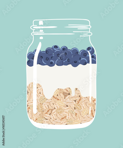 Overnight oats with fresh blueberries and yogurt in glass vintage mason jar. Healthy natural delicious breakfast. Portion of oat flakes with berries in a jar. Vector hand drawn illustration.