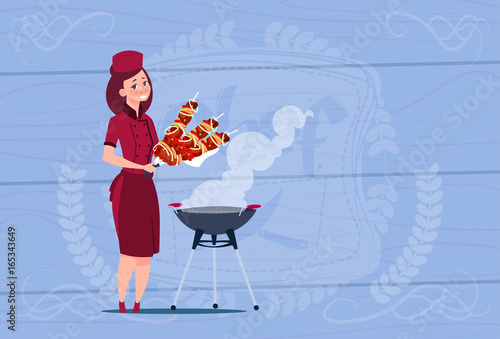 Female Chef Cook Holding Kebab Cartoon Chief In Restaurant Uniform Over Wooden Textured Background Flat Vector Illustration