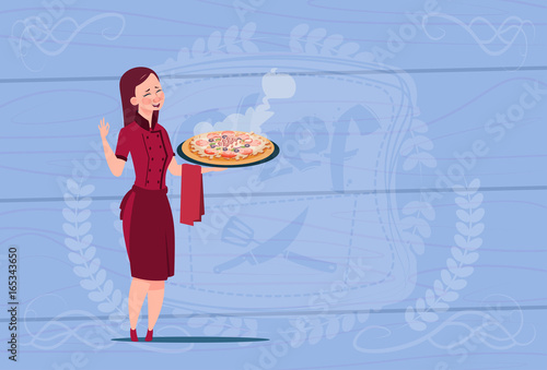 Female Chef Cook Holding Pizza Cartoon Chief In Restaurant Uniform Over Wooden Textured Background Flat Vector Illustration