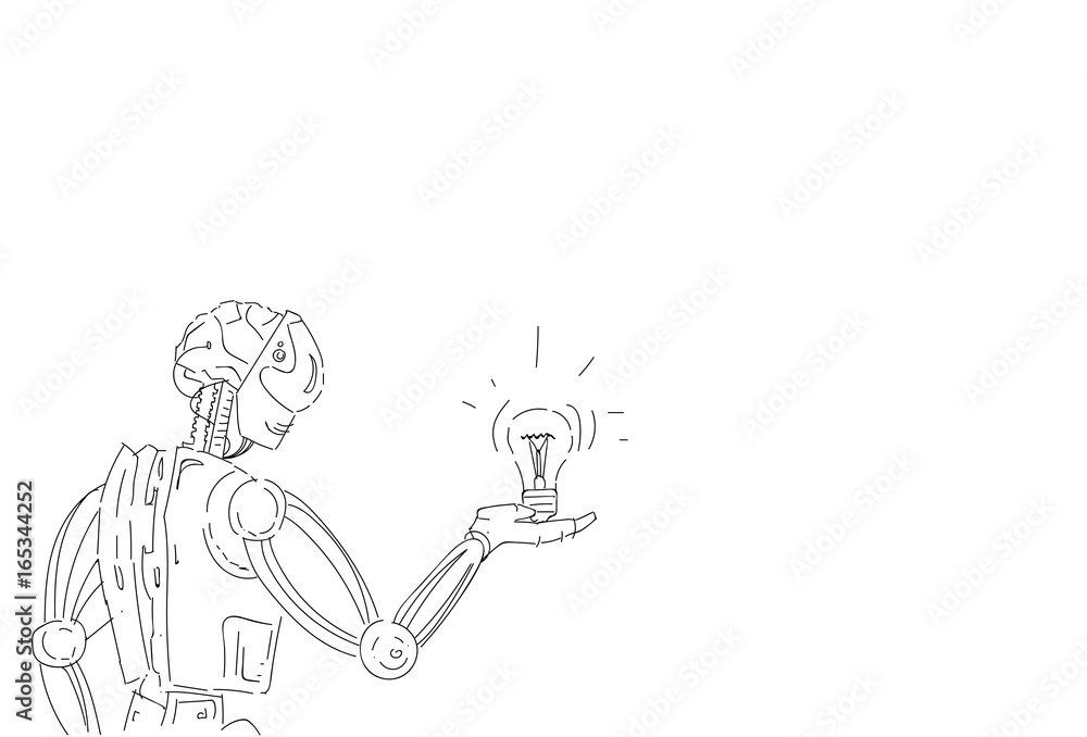 Modern Robot Hold Light Bulb Artificial Intelligence Technology Sketch Vector Illustration