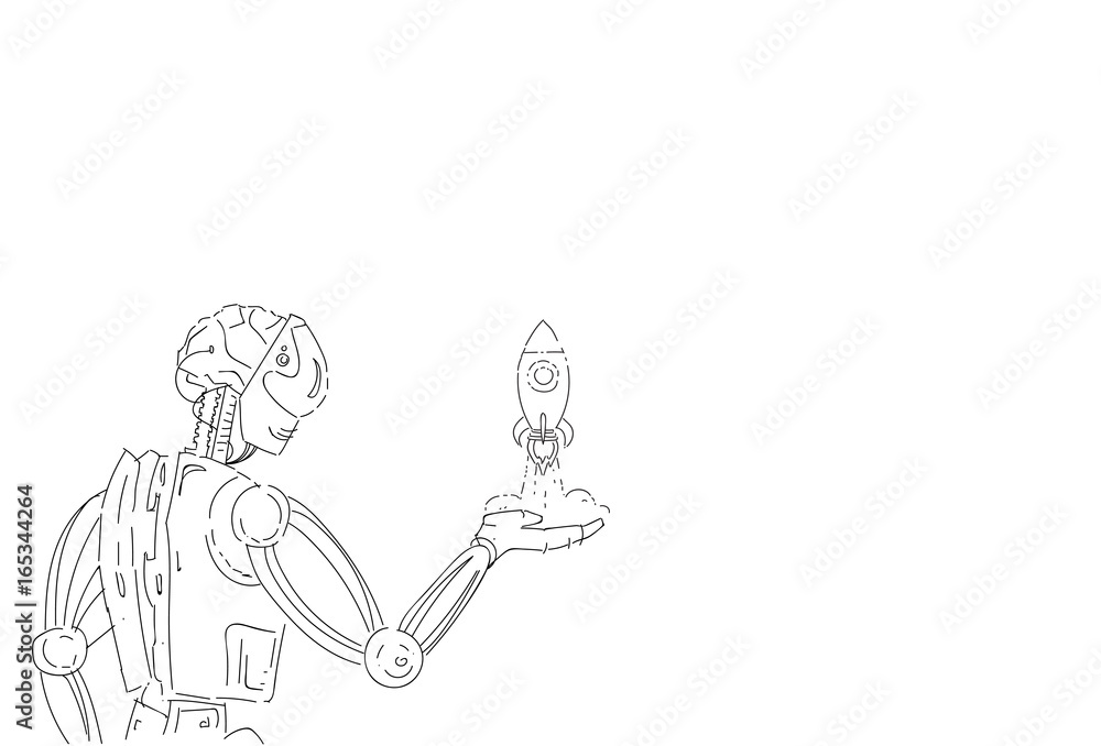 Modern Robot Hold Space Rocket Artificial Intelligence Technology Sketch Vector Illustration