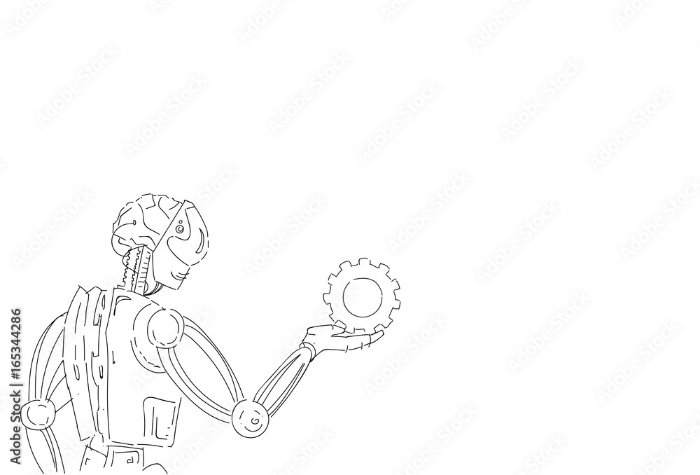 Modern Robot Hold Cog Wheel Artificial Intelligence Technology Skecth Vector Illustration