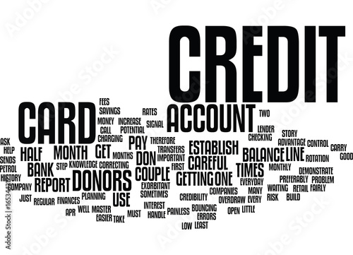 FIRST STEP TO BUILD CREDIT Text Background Word Cloud Concept