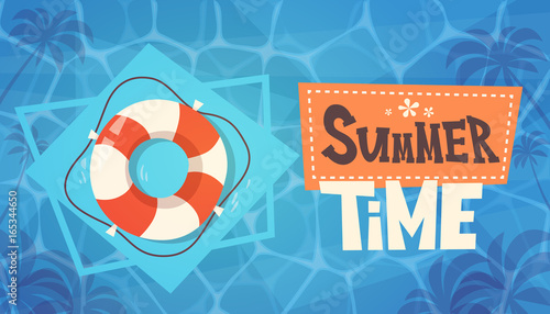 Summer Time Vacation On Sea Life Buoy In Water Retro Banner Seaside Holiday Flat Vector Illustration