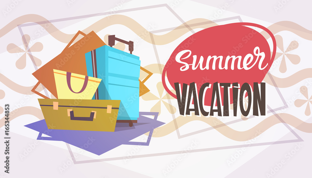 Summer Vacation Luggage Sea Travel Retro Banner Seaside Holiday Flat Vector Illustration