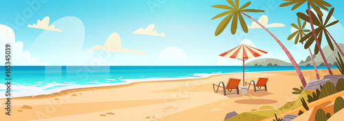 Summer Vacation Loungers On Sea Beach Landscape Beautiful Seascape Banner Seaside Holiday Vector Illustration photo