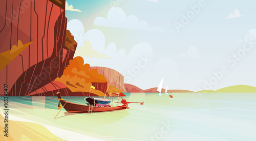 Thailand Landscape Long Tail Boat Seascape Beautiful Asian Beach Seaside View Flat Vector Illustration