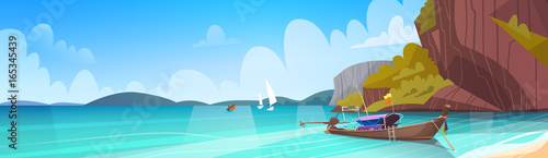 Thailand Landscape Long Tail Boat Seascape Beautiful Asian Beach Seaside View Flat Vector Illustration