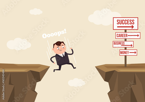 Businessman office worker man character jumps over ravine and fall down. Fail concept. Vector flat cartoon illustration