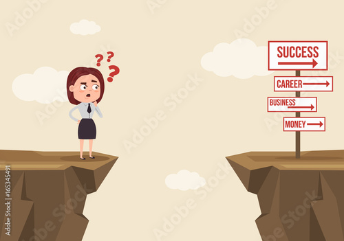 Confused scared business woman office worker character making hard decision. Vector flat cartoon illustration