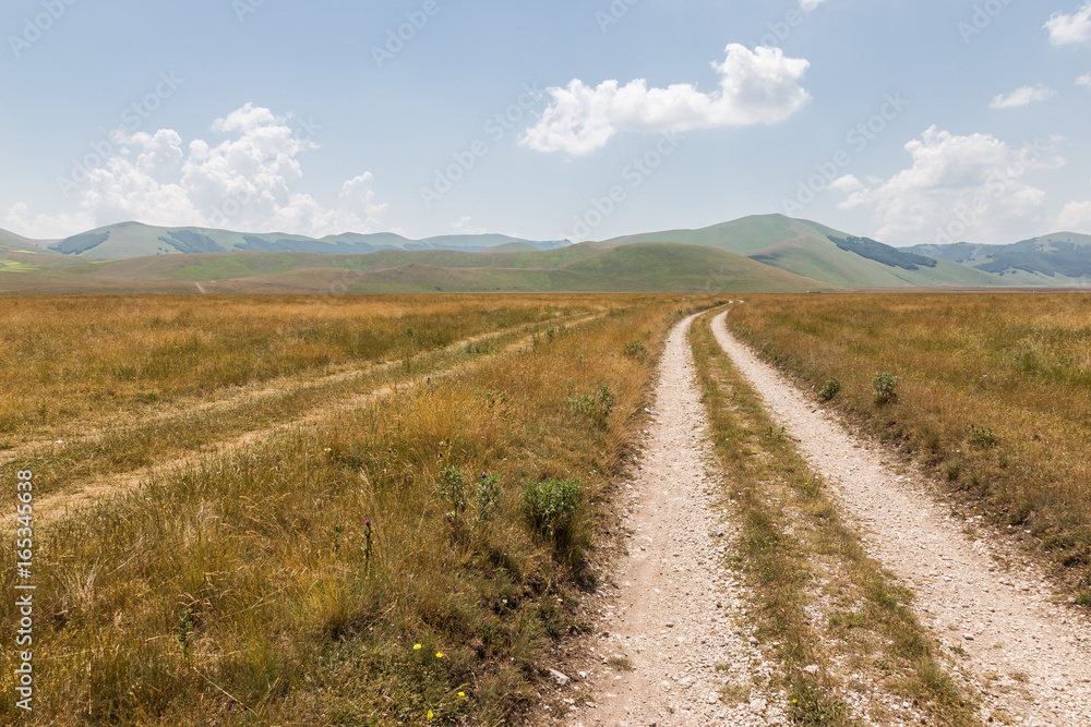 A long country road in the middle of Pian Grande, near Castelluccio di Norcia (Umbria)