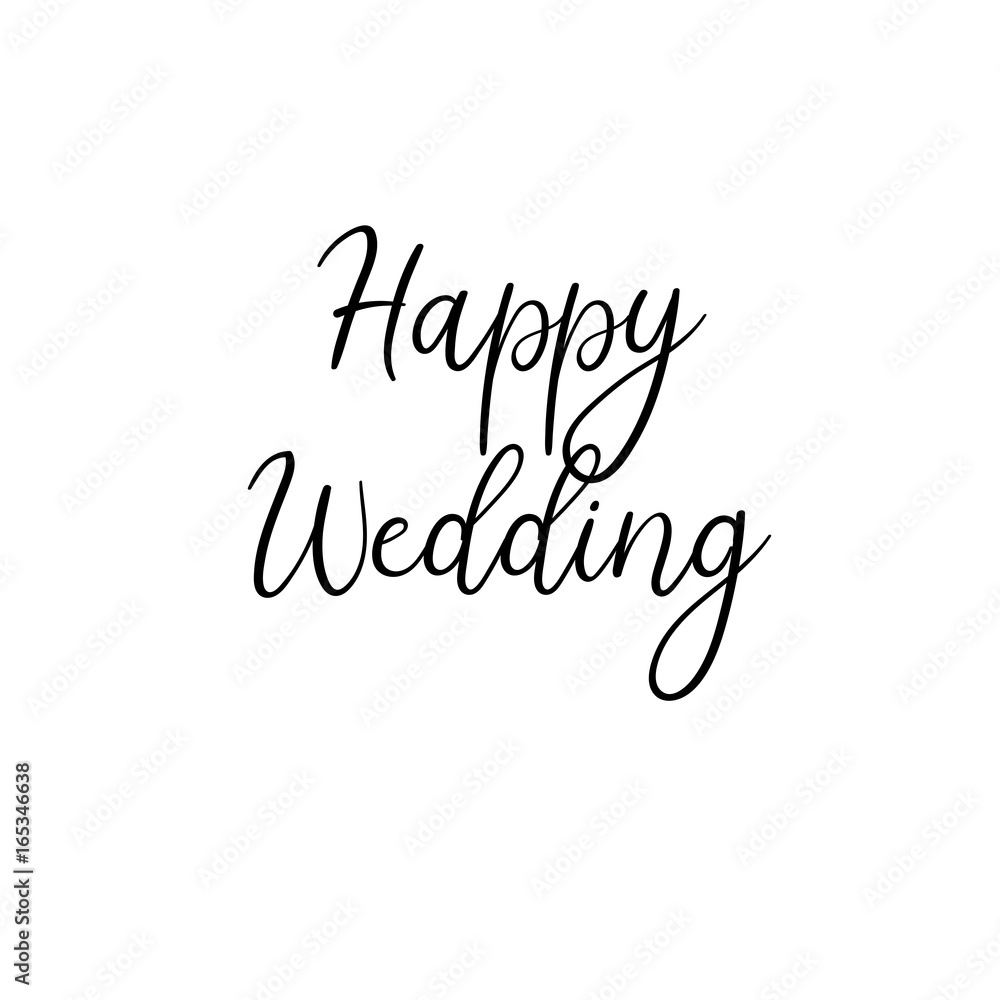 Happy wedding handwritten text. Calligraphy inscription for greeting cards, wedding invitations. Vector brush calligraphy. Wedding phrase. Hand lettering. Isolated on white background.